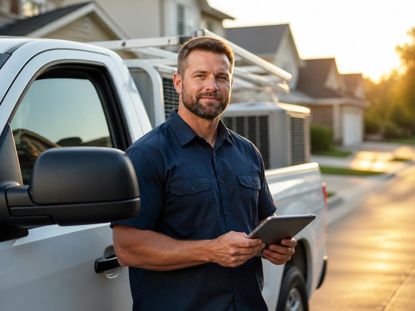Home-service contractor reviewing job details on a tablet beside a service truck in a residential neighborhood